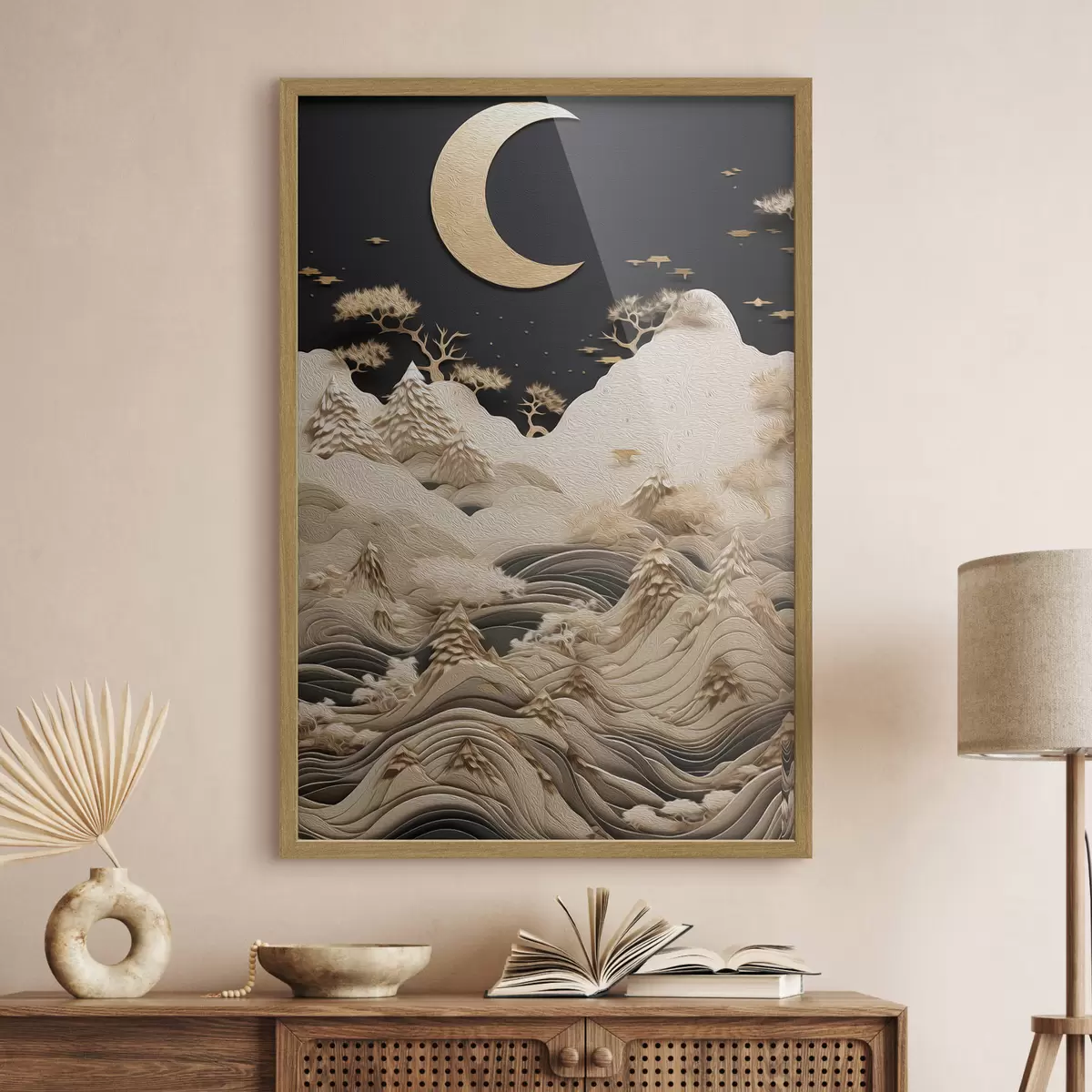 Poster Montagnes et arbres stylisés sous la lune f47300