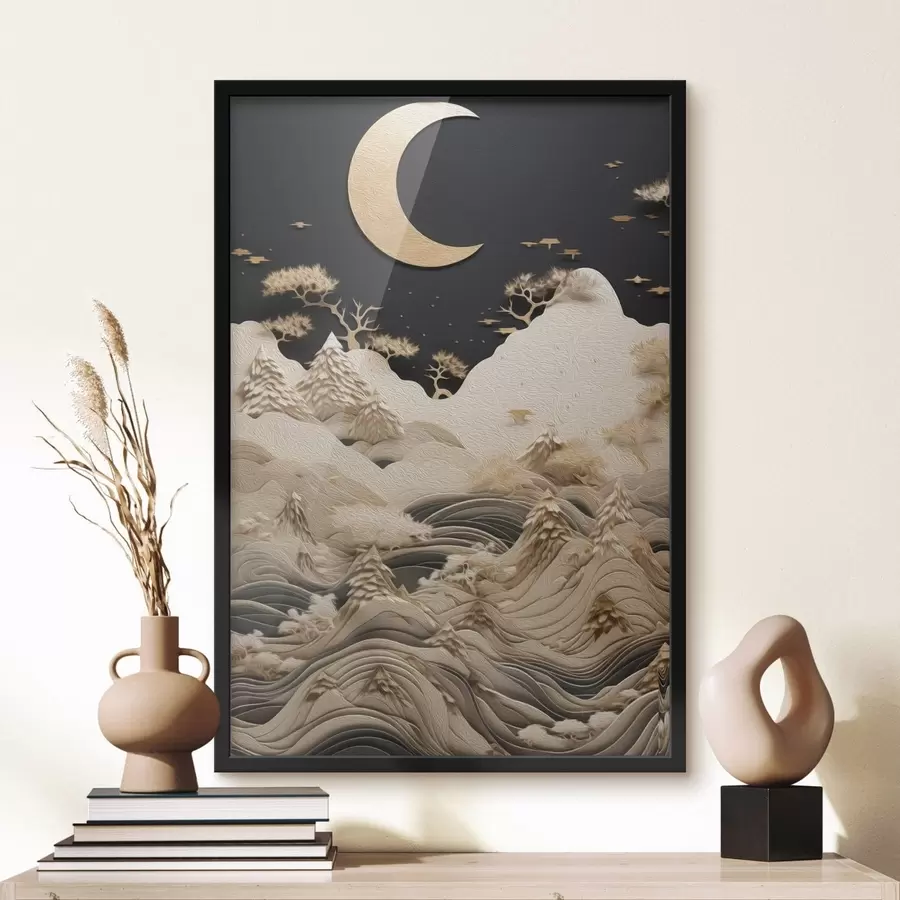 Papier peint Montagnes et arbres stylisés sous la lune f47300