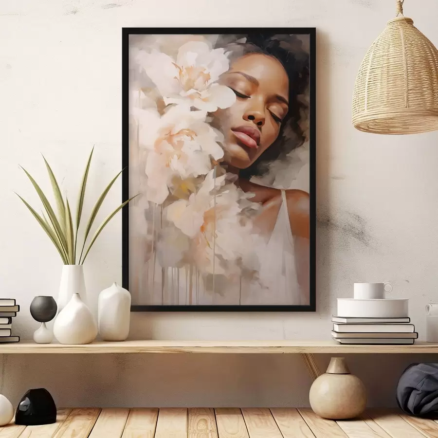 Papier peint Portrait de femme à côté de grandes fleurs f47307