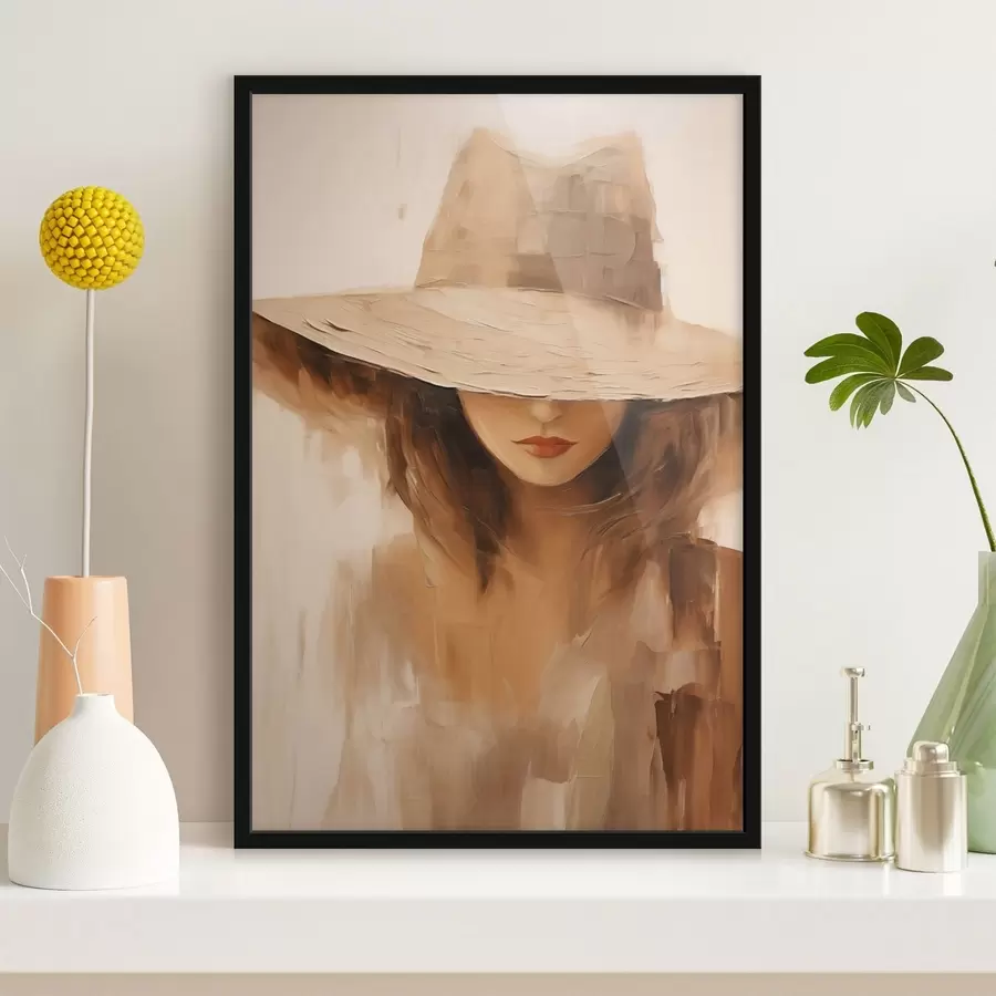 Papier peint Femme au chapeau, peinte à l'aide de traits abstraits chaleureux f47312