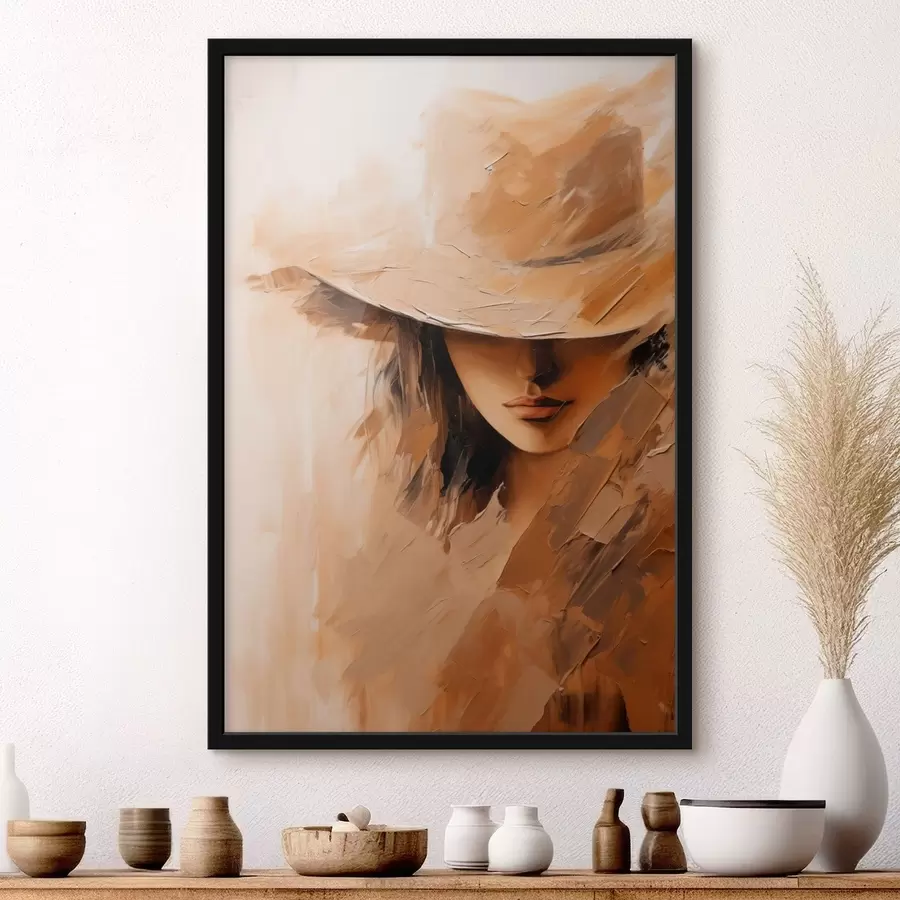 Papier peint Femme au chapeau, peinte à l'aide de traits chauds et texturés f47315