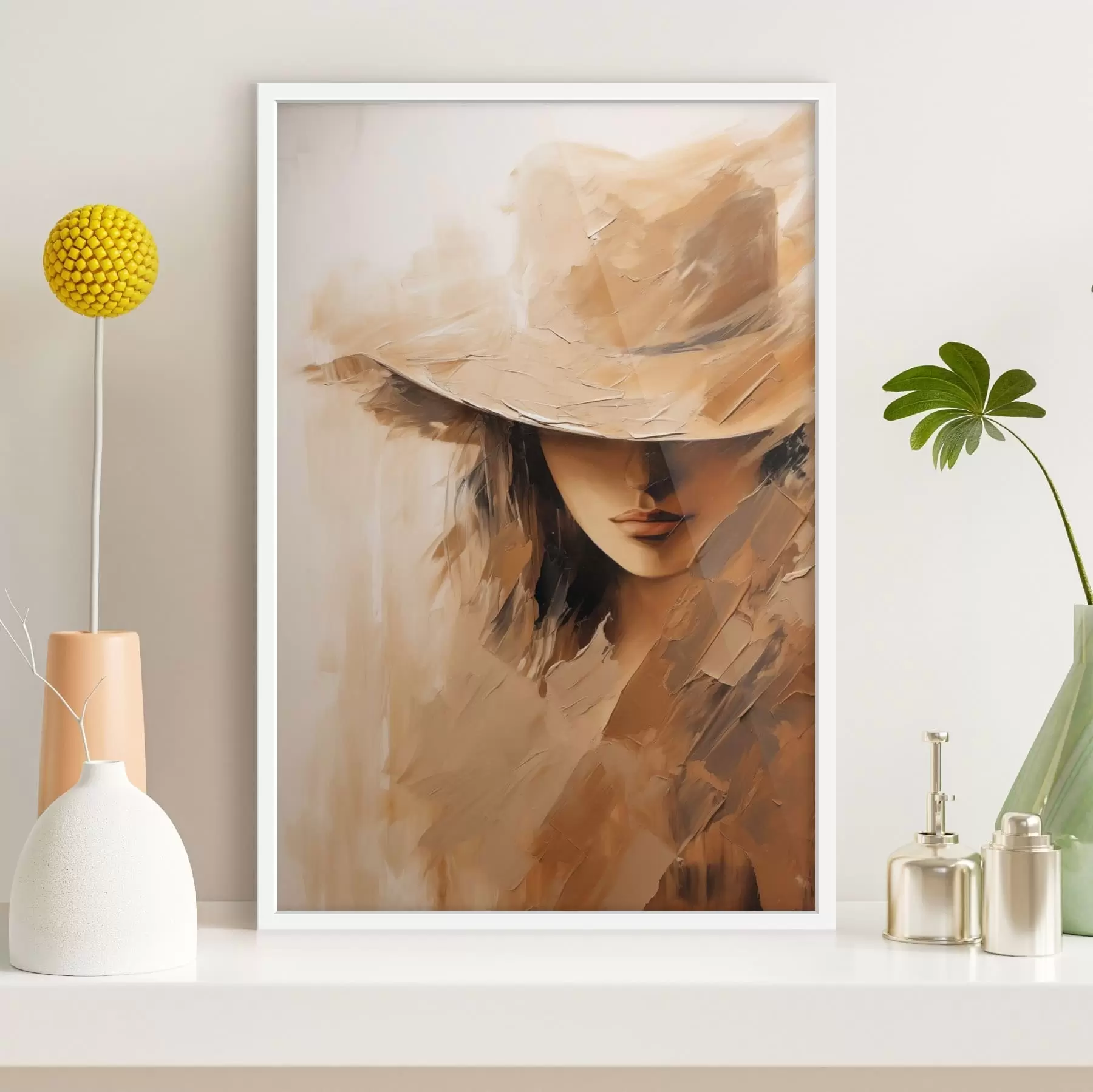 Papier peint Femme au chapeau, peinte à l'aide de traits chauds et texturés f47315