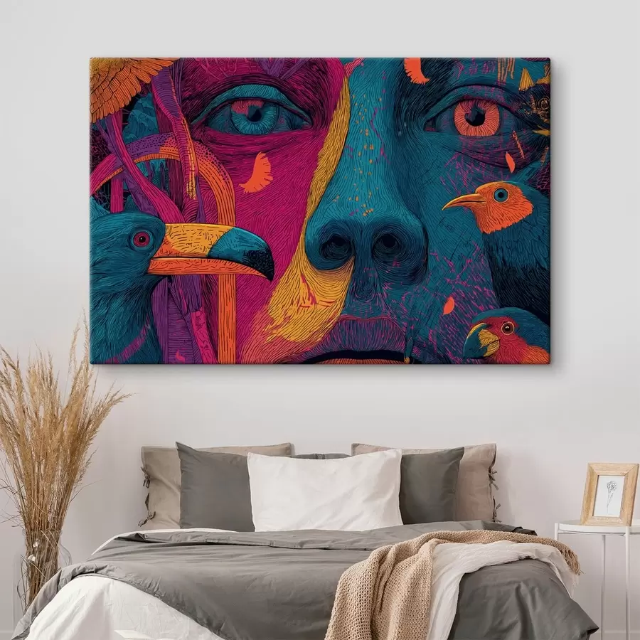 Tableau Portrait psychédélique avec des oiseaux s47789