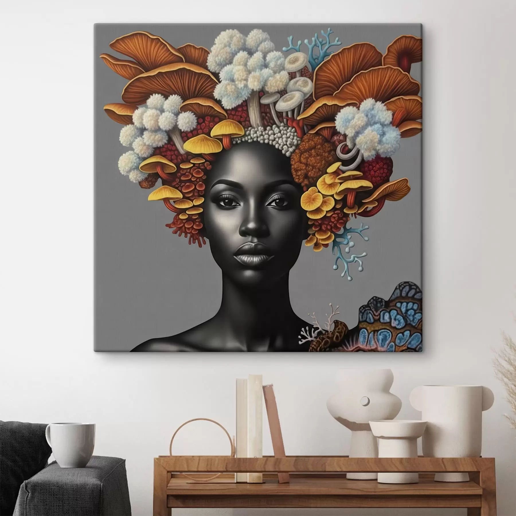 Tableau Portrait d'une femme avec des champignons s47788