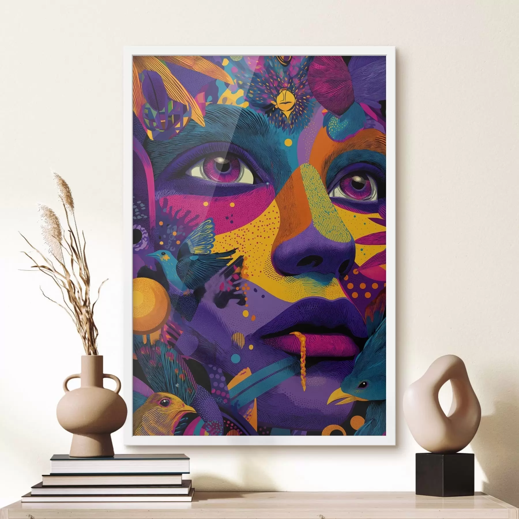 Papier peint Portrait psychédélique avec des oiseaux f47790