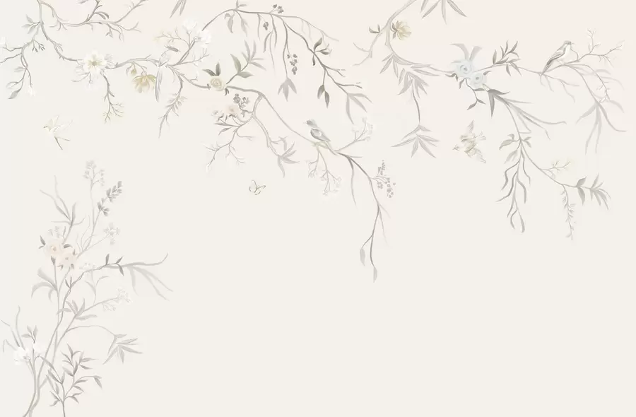 Papier peint Fleurs délicates et oiseaux sur fond craie w05127