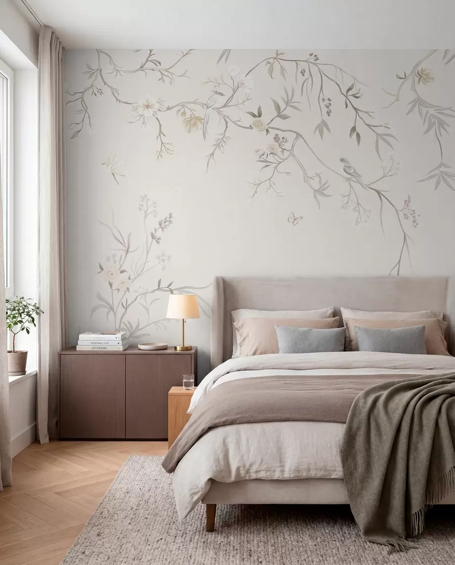 Papier peint Fleurs délicates et oiseaux sur fond craie w05127