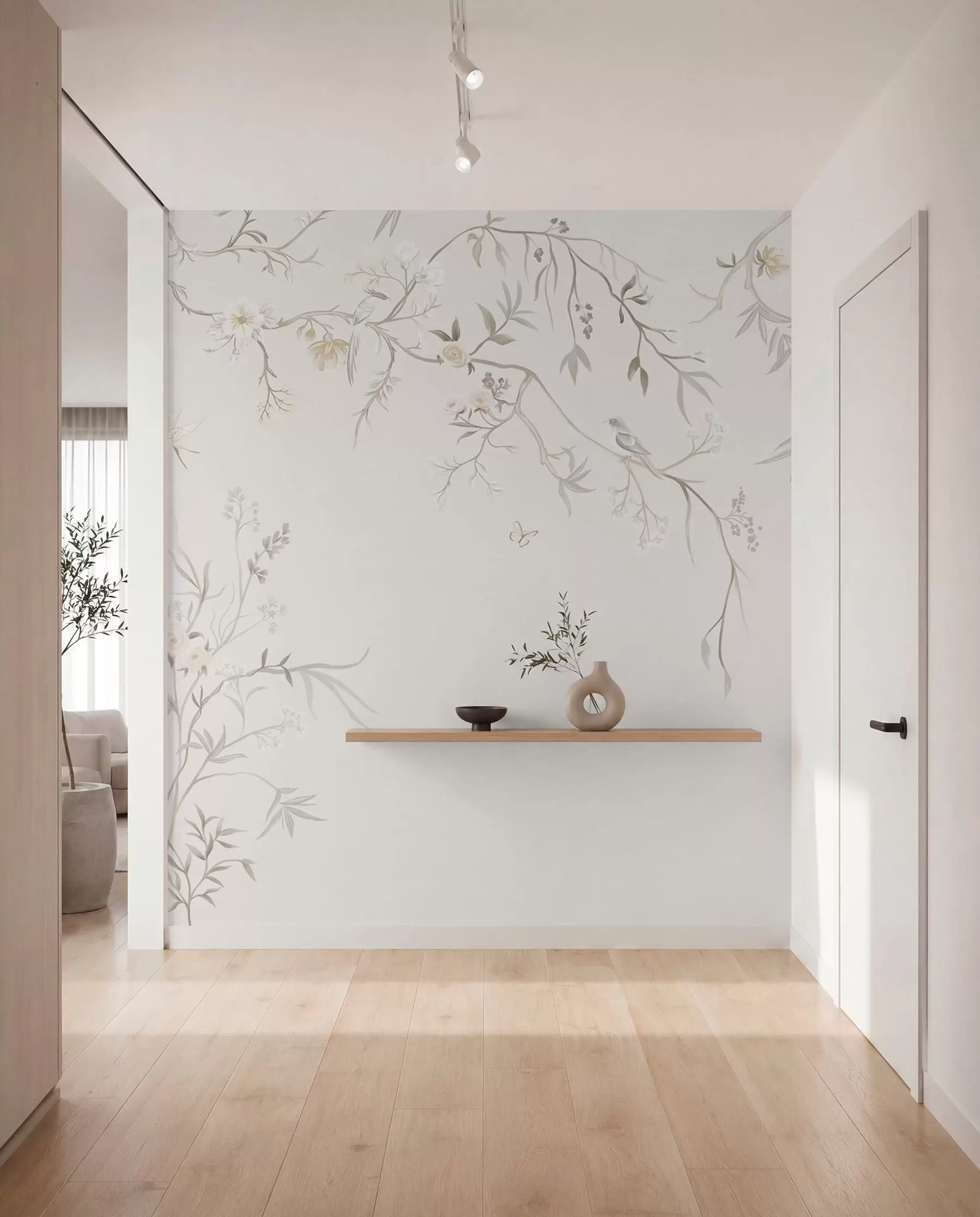 Papier peint Fleurs délicates et oiseaux sur fond craie w05127
