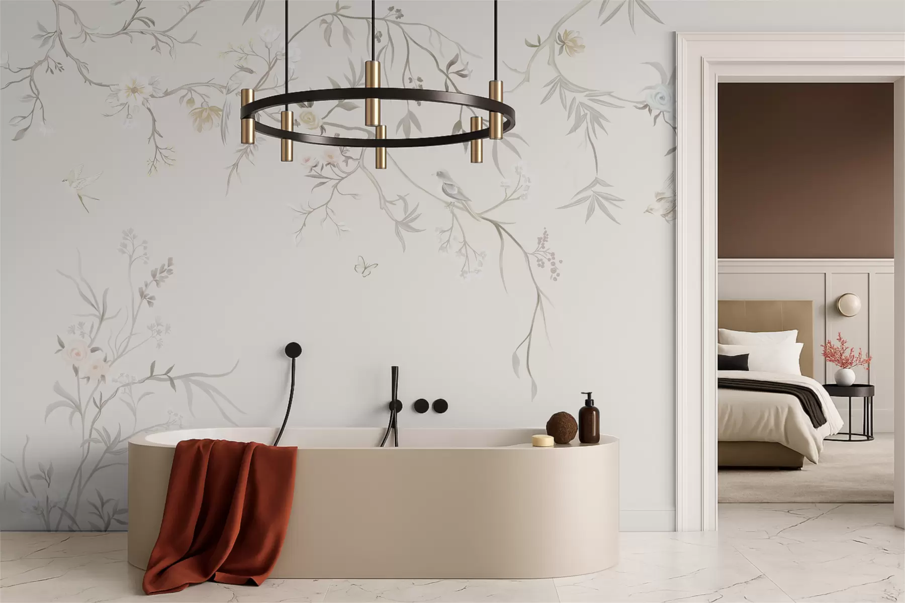 Papier peint Fleurs délicates et oiseaux sur fond craie w05127