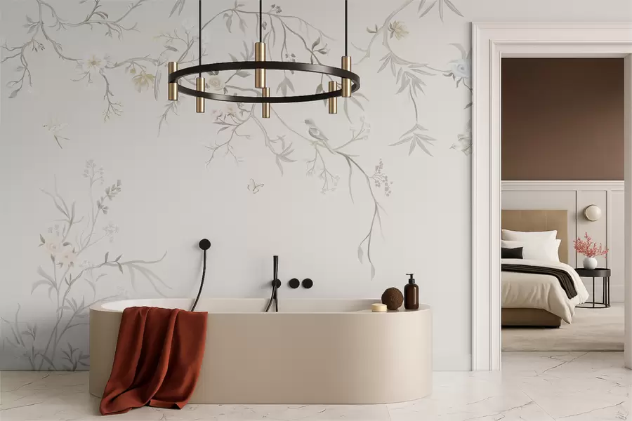 Papier peint Fleurs délicates et oiseaux sur fond craie w05127