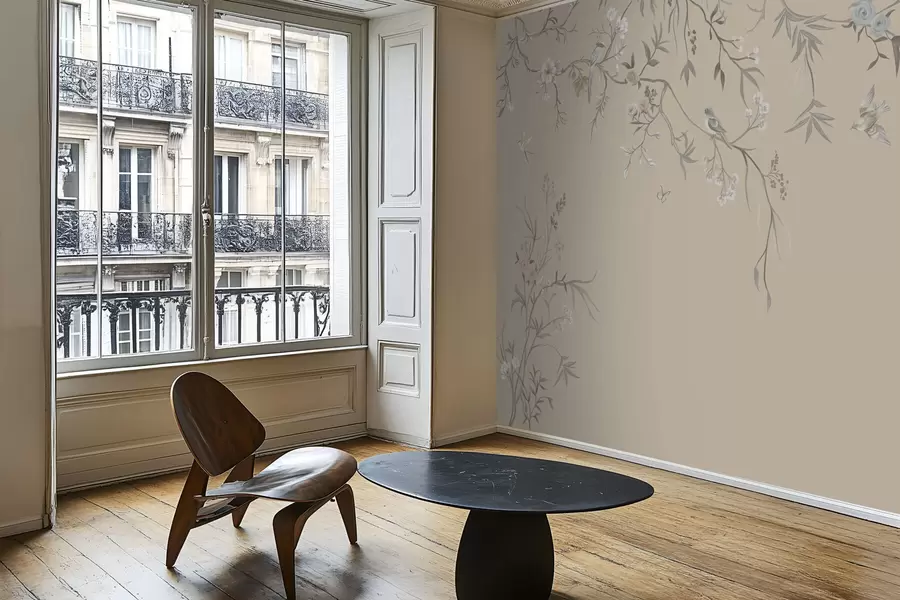 Papier peint Branches fleuries avec des oiseaux sur fond beige chaud w05127v1