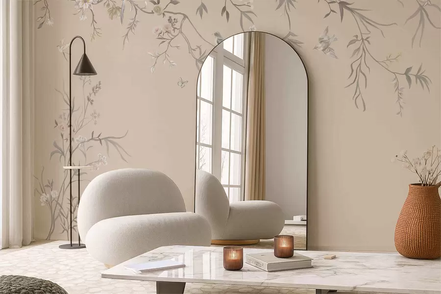 Papier peint Branches fleuries avec des oiseaux sur fond beige chaud w05127v1