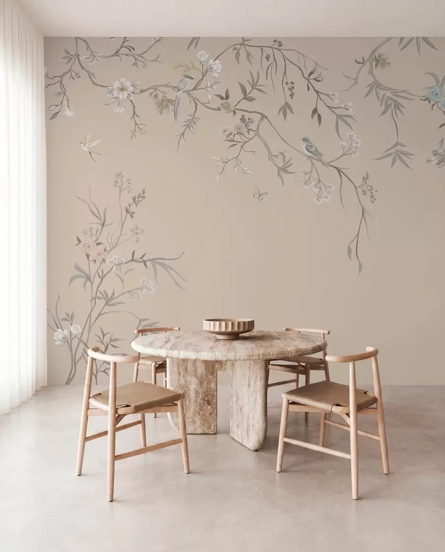 Papier peint Branches fleuries avec des oiseaux sur fond beige chaud w05127v1