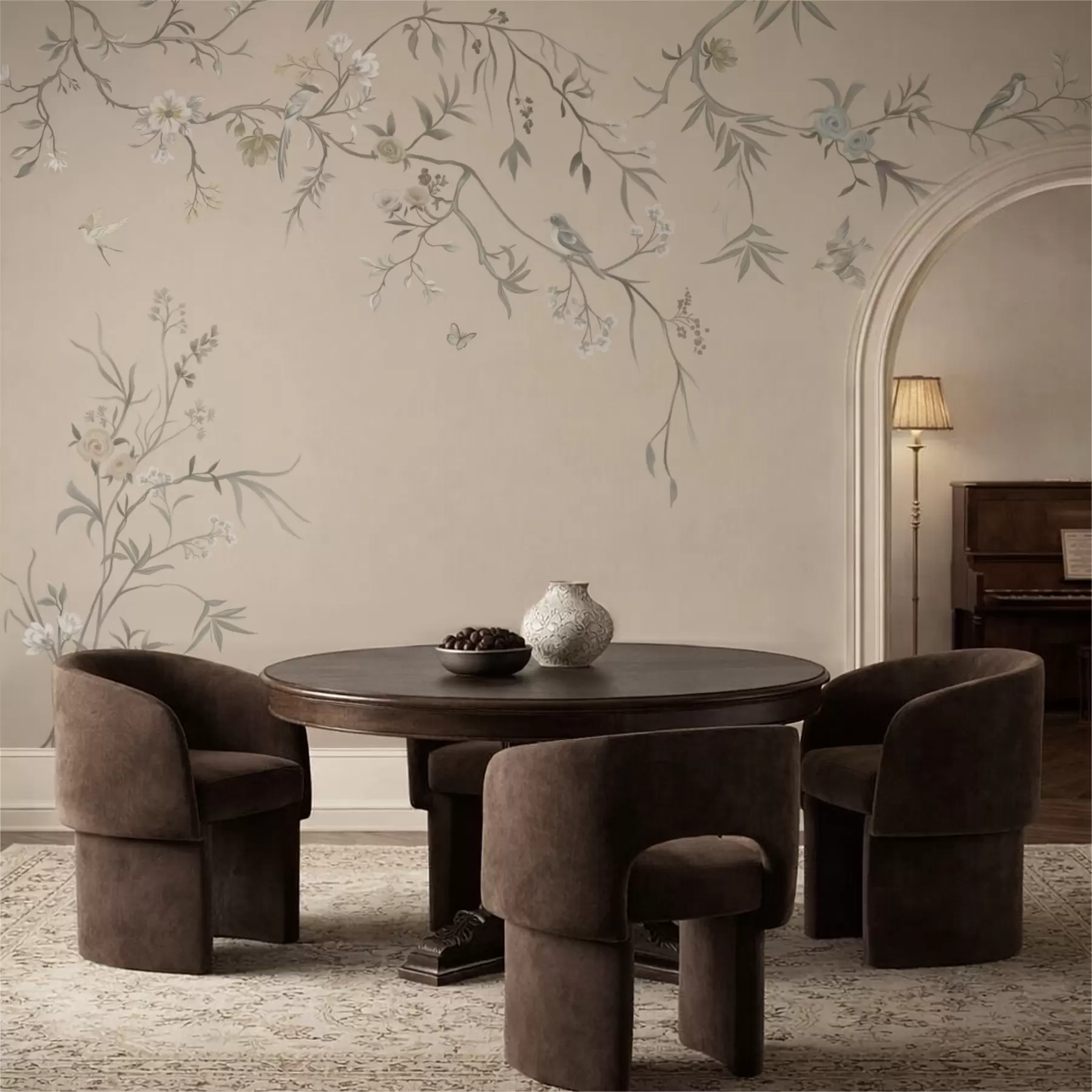 Papier peint Branches fleuries avec des oiseaux sur fond beige chaud w05127v1