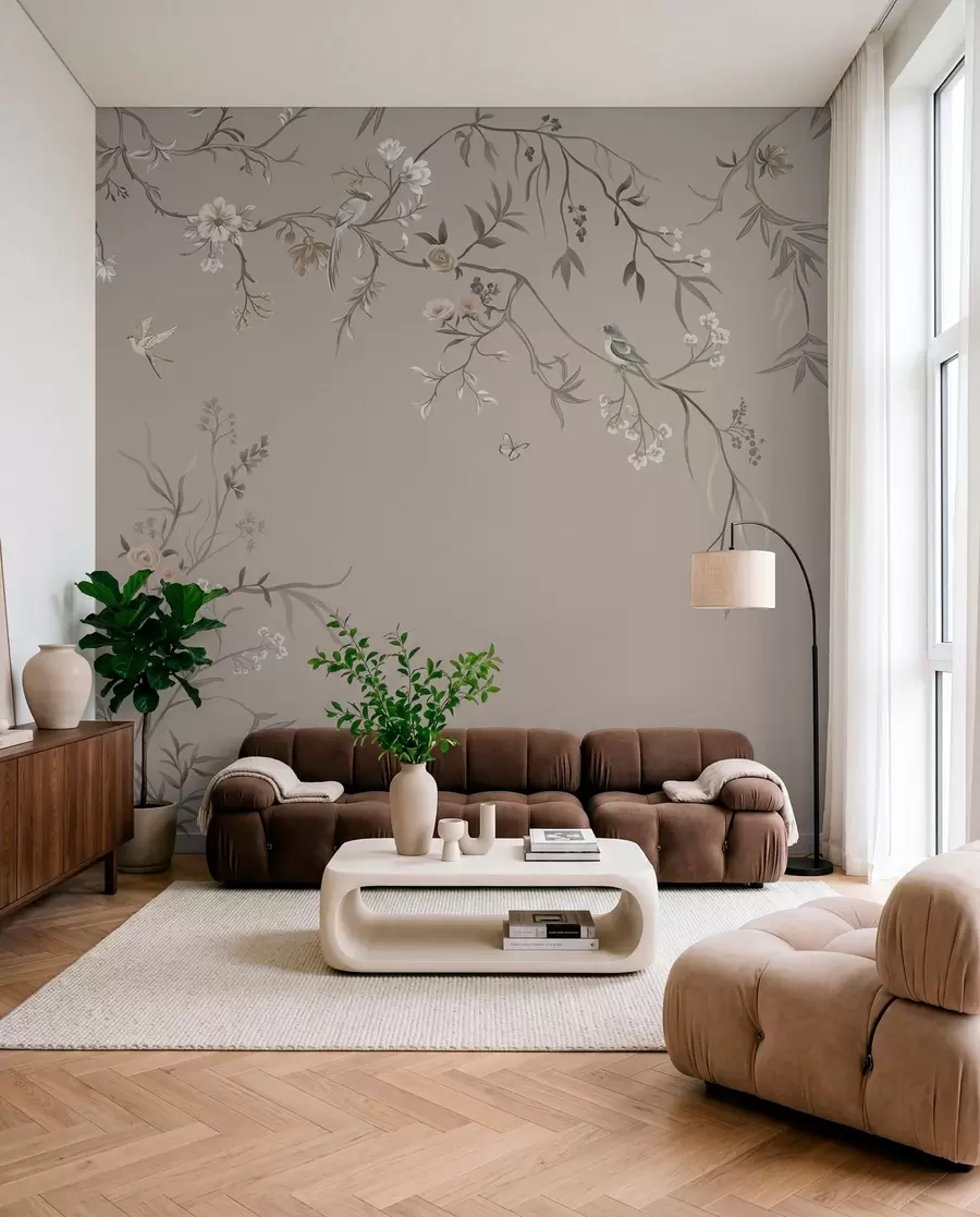 Papier peint Branches et oiseaux sur taupe w05127v3