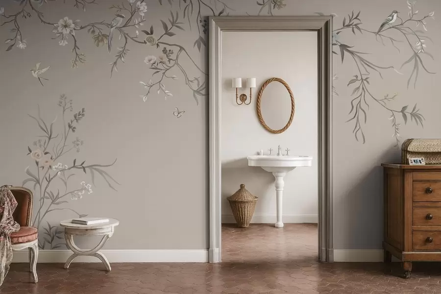 Papier peint Ornement floral avec des oiseaux sur fond neutre w05127v3