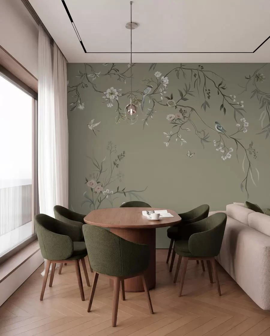 Papier peint Branches et oiseaux — Kaki w05127v4
