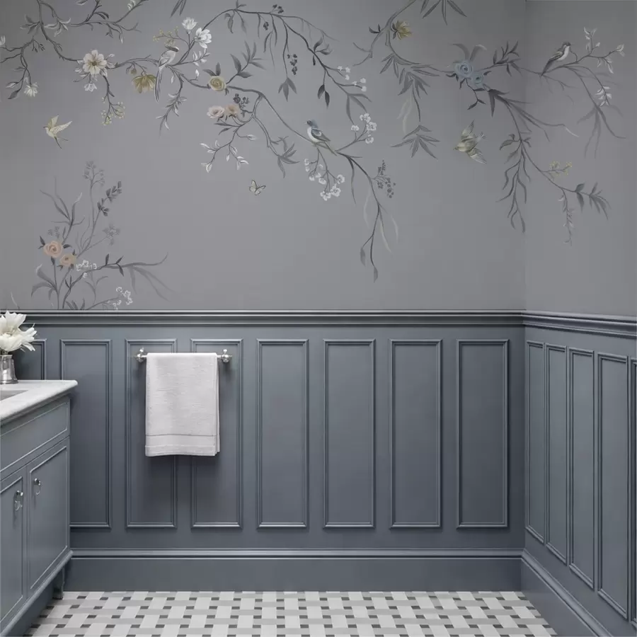 Papier peint Branches fleuries avec des oiseaux sur fond verdâtre w05127v5