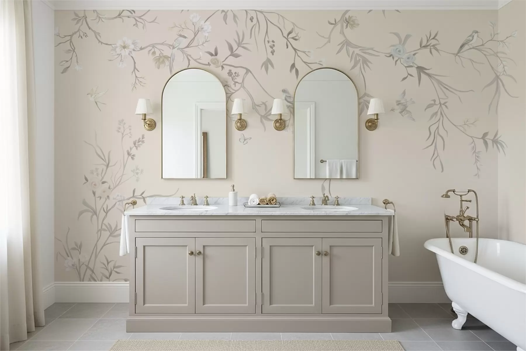 Papier peint Branches fleuries avec des oiseaux sur fond clair w05127v7