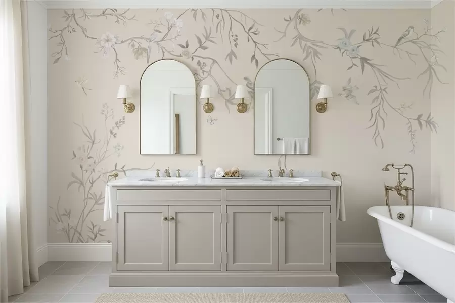 Papier peint Branches fleuries avec des oiseaux sur fond clair w05127v7