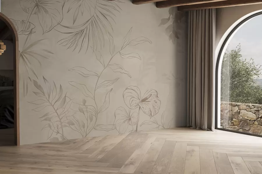 Papier peint Plantes linéaires sur fond beige texturé w05128