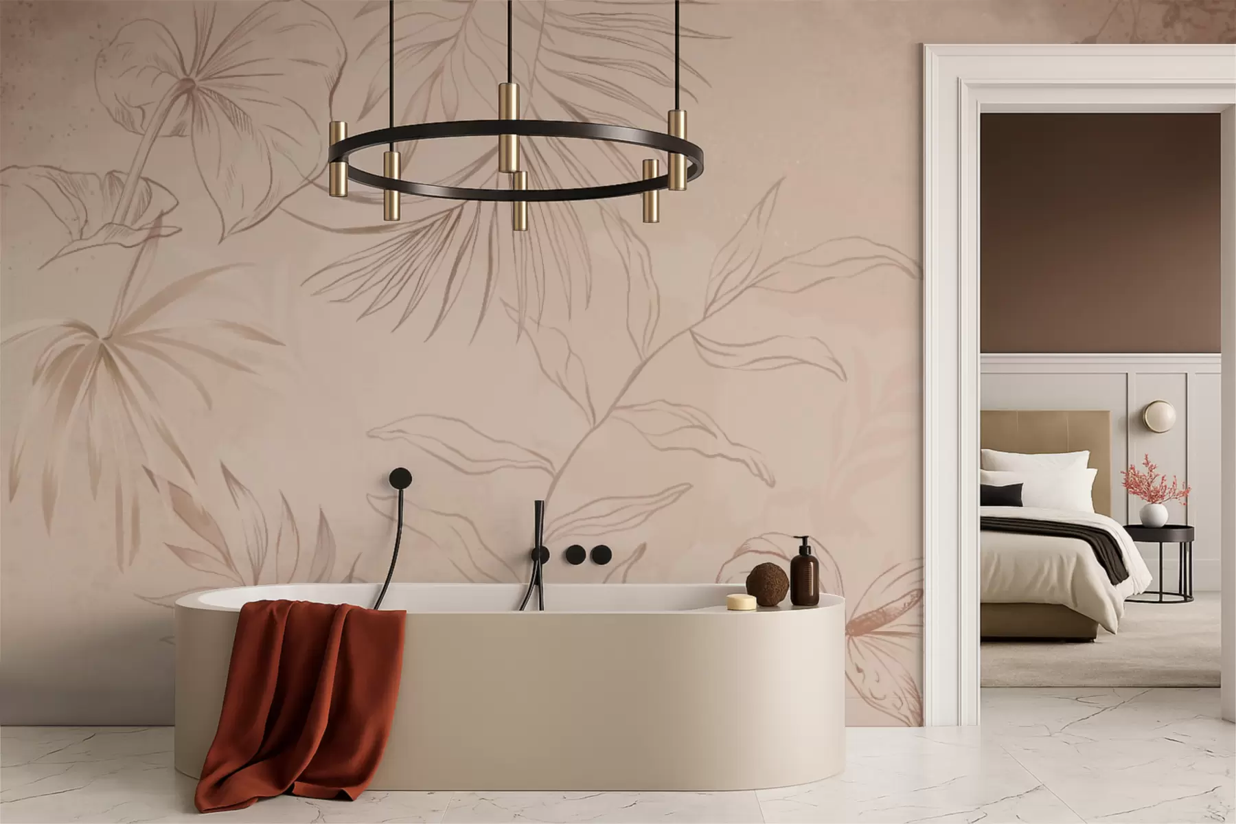 Papier peint Plantes linéaires sur fond beige texturé w05128