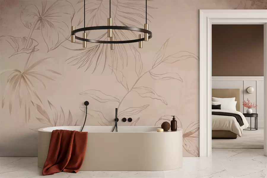 Papier peint Plantes linéaires sur fond beige texturé w05128