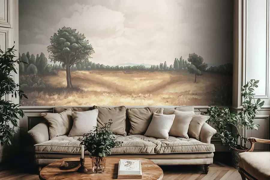 Papier peint Paysage peint avec des arbres et un champ ouvert w05131