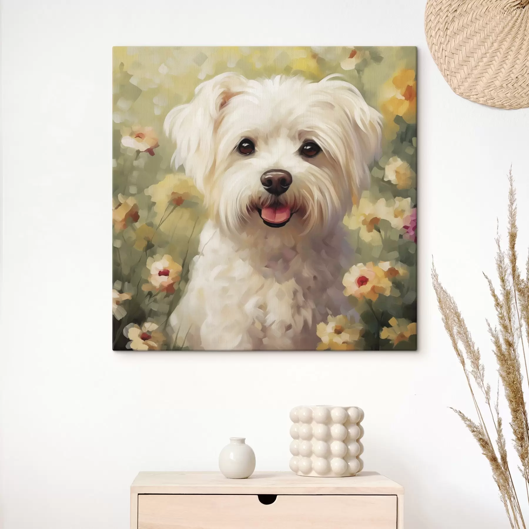 Tableau Petit chien dans les fleurs s47811