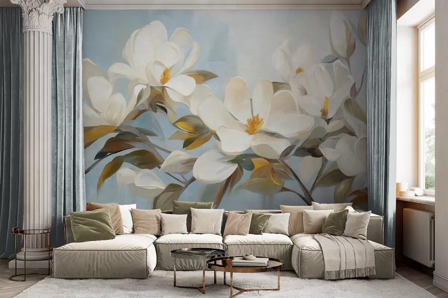 Papier peint Magnolias blancs avec feuilles vertes sur fond bleu clair avec imitation de coups de pinceau abstraits w09478