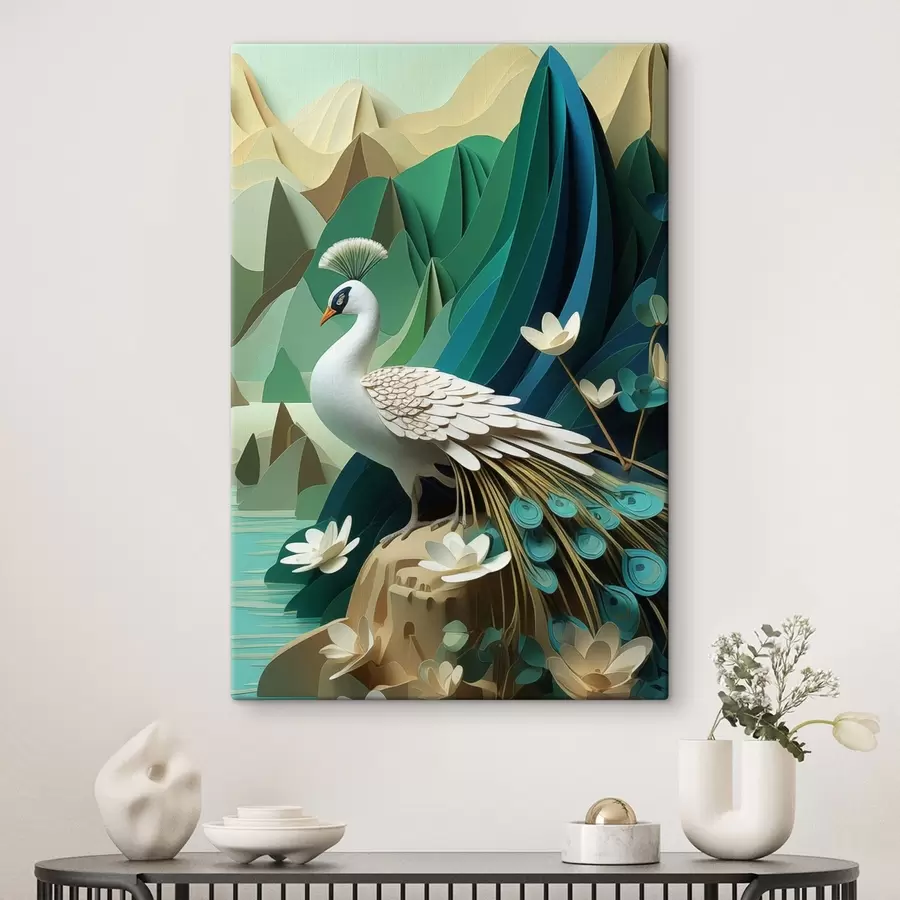 Tableau Paon sur fond vert s47901