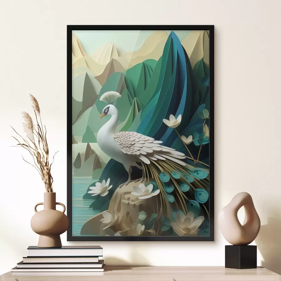 Papier peint Paon sur fond vert f47901