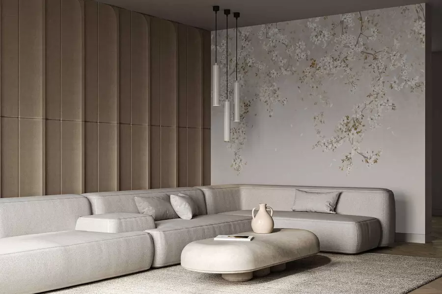 Papier peint Branches avec des fleurs blanches sur un fond beige clair w05129
