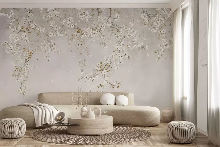 Papier peint Branches avec des fleurs blanches sur un fond beige clair w05129