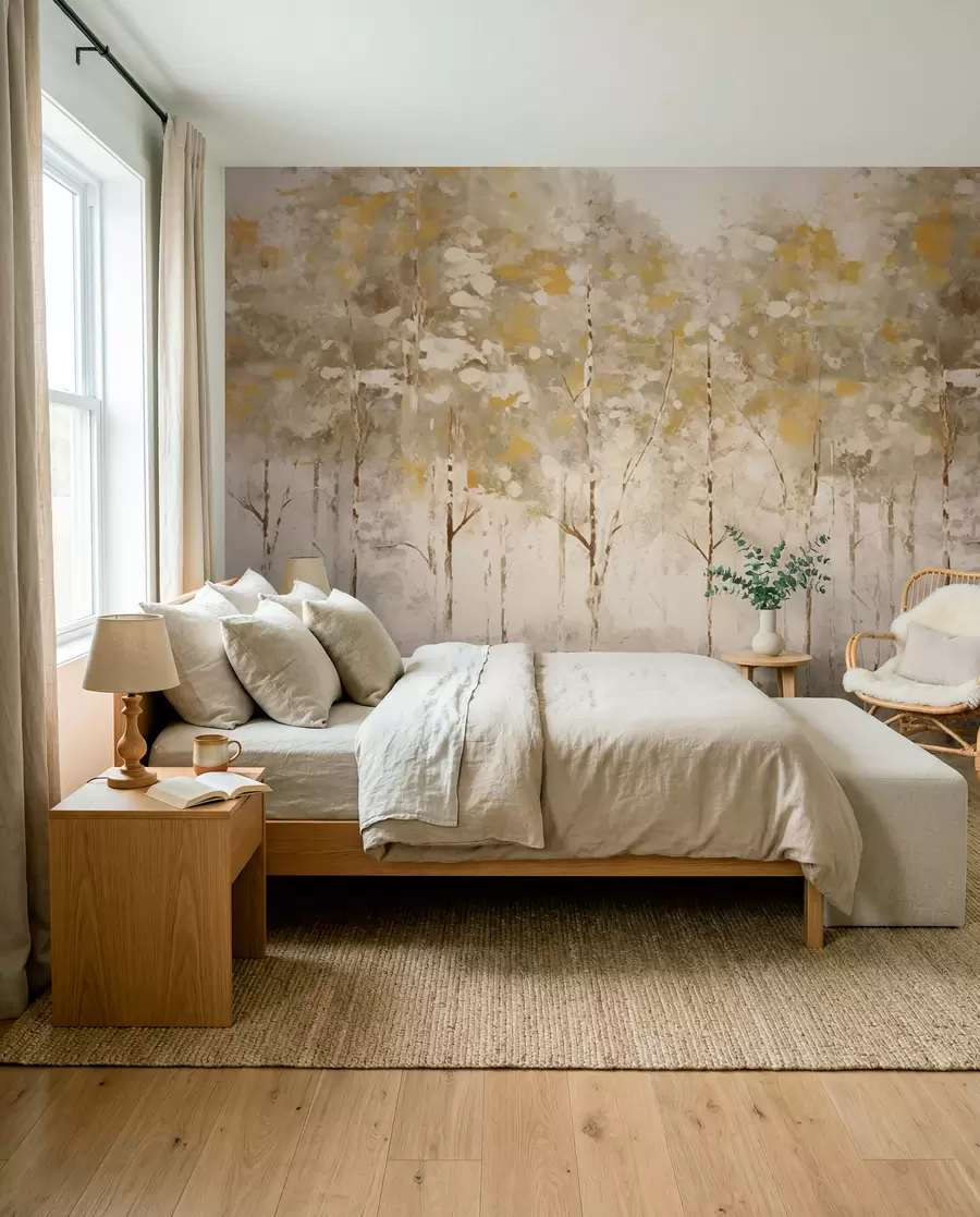 Papier peint Forêt stylisée avec des arbres élancés dans des tons chauds w05221