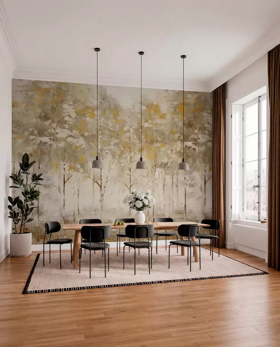 Papier peint Forêt stylisée avec des arbres élancés dans des tons chauds w05221