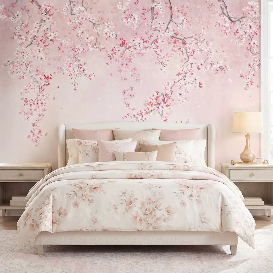 Papier peint Branches avec des fleurs roses sur un fond pastel doux w05129v1