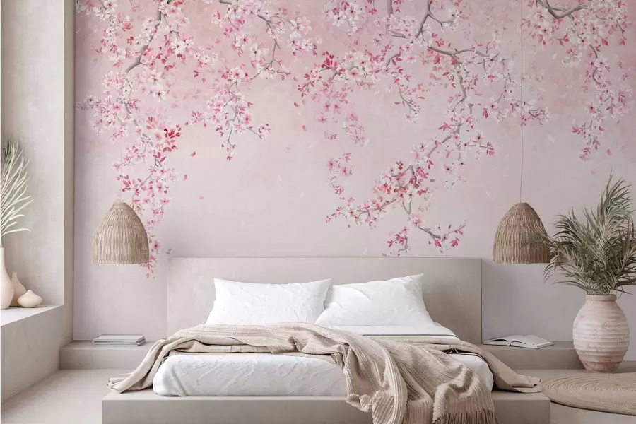 Papier peint Branches avec des fleurs roses sur un fond pastel doux w05129v1