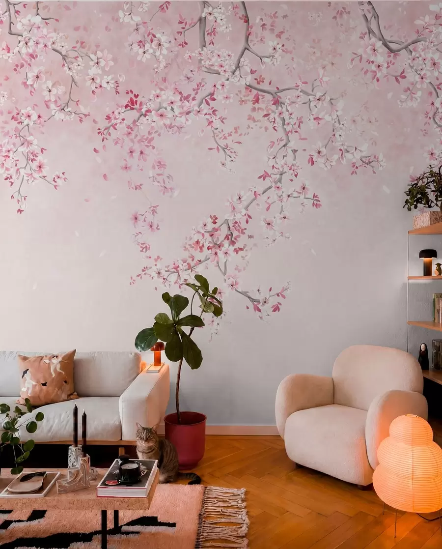 Papier peint Branches avec des fleurs roses sur un fond pastel doux w05129v1