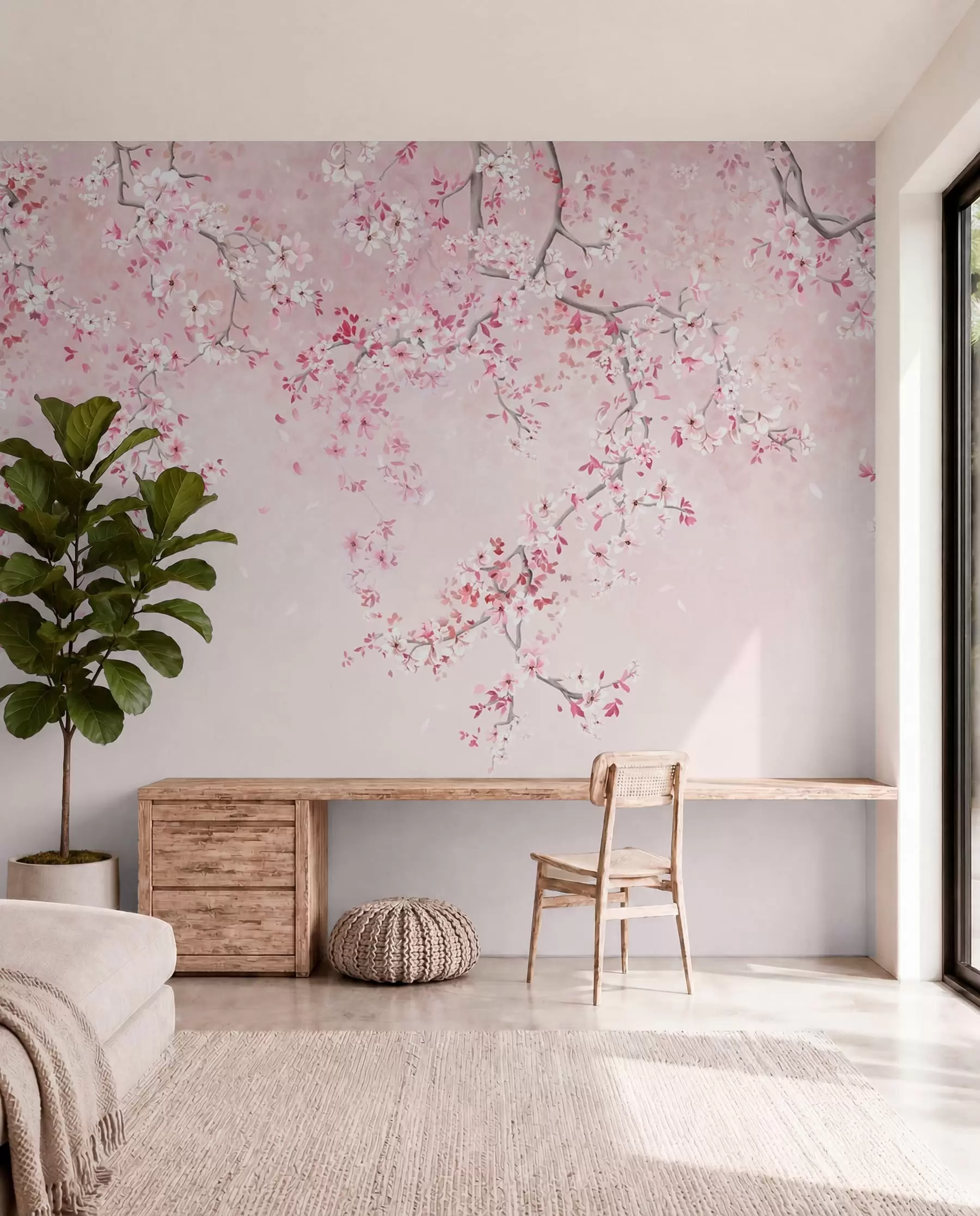Papier peint Branches avec des fleurs roses sur un fond pastel doux w05129v1