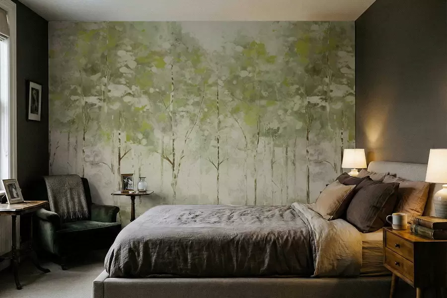 Papier peint Forêt stylisée avec des arbres élancés dans des tons verts w05221v1