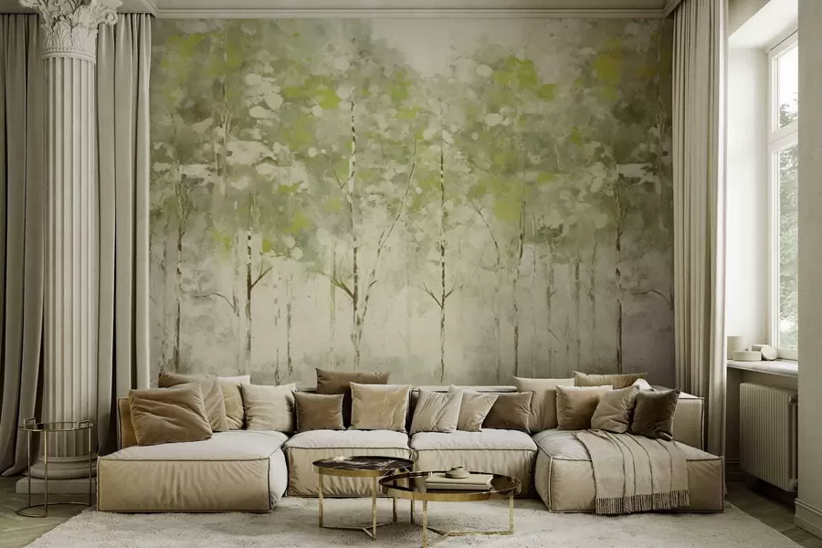 Papier peint Forêt stylisée avec des arbres élancés dans des tons verts w05221v1
