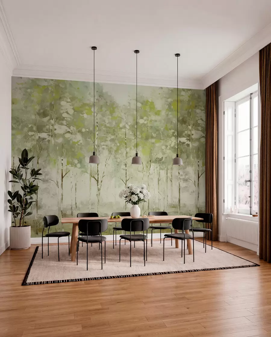 Papier peint Forêt stylisée avec des arbres élancés dans des tons verts w05221v1