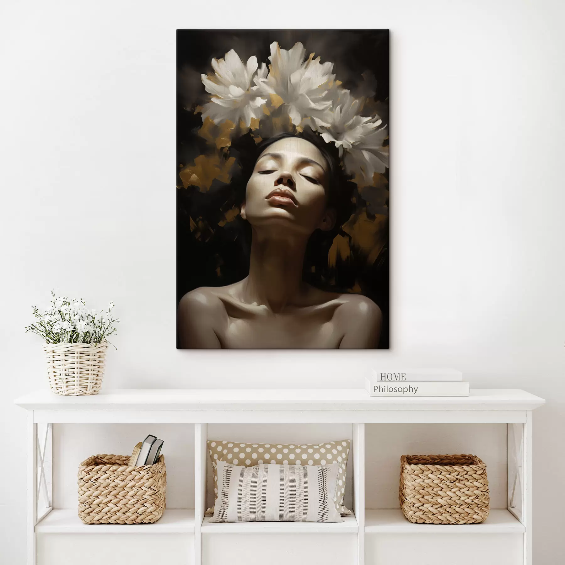 Tableau Portrait de femme avec des fleurs blanches s47918