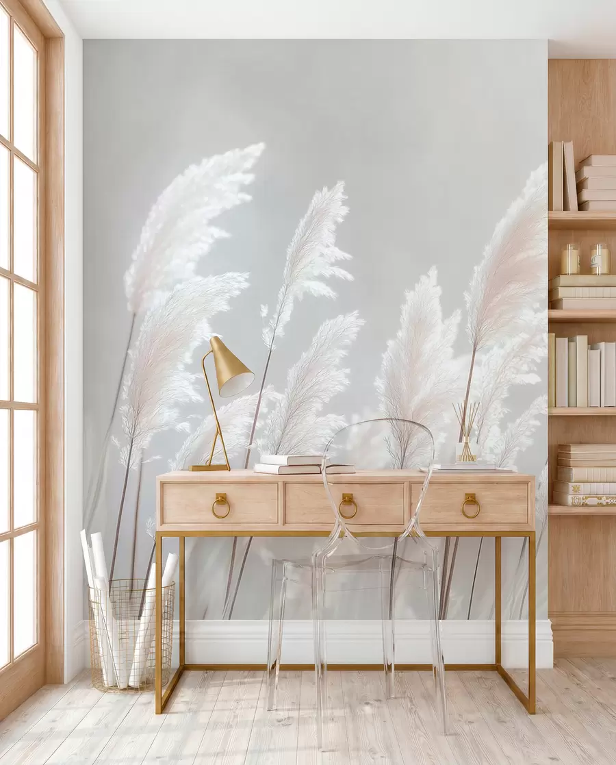 Papier peint Herbe de pampa blanche et douce dans la douce lumière du matin w09717