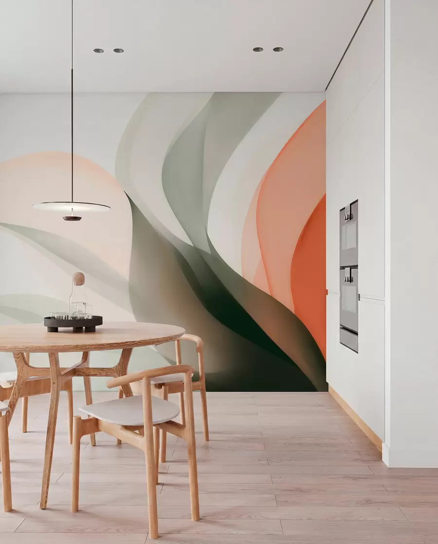 Papier peint Vagues abstraites aux tons orange et vert w09718