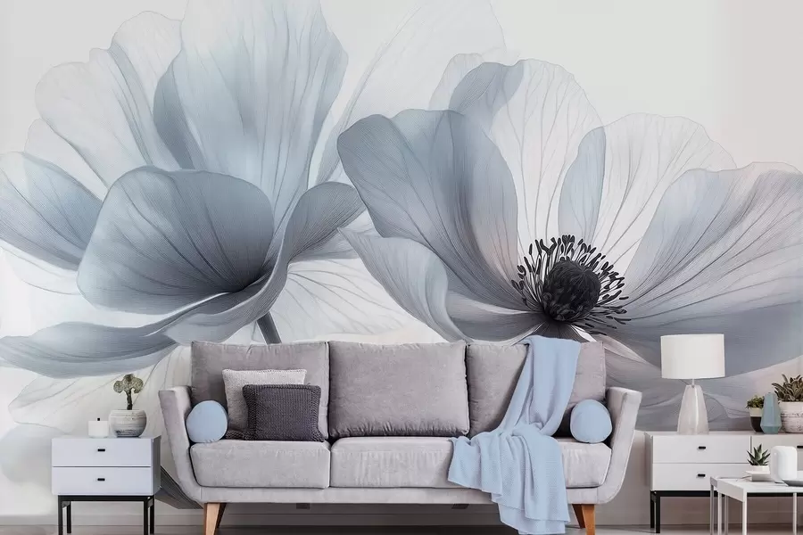 Papier peint Fleurs translucides bleu-blanc sur fond clair w09720