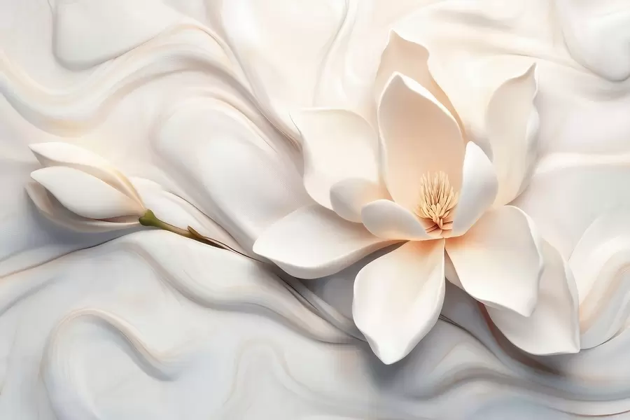 Papier peint Magnolia blanc en trois dimensions avec imitation de texture marbrée en relief w09729