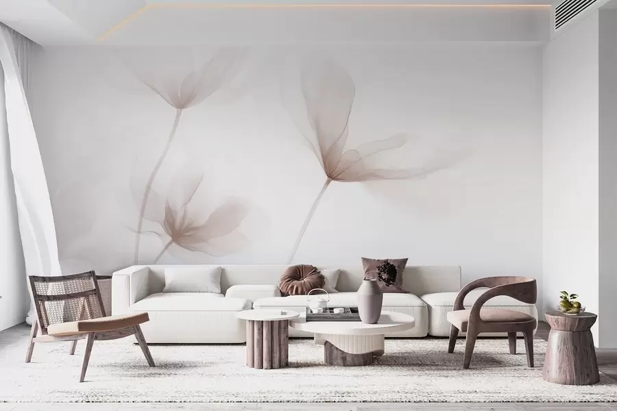 Papier peint Fleurs beiges aériennes dans un style minimaliste et lumineux w09734