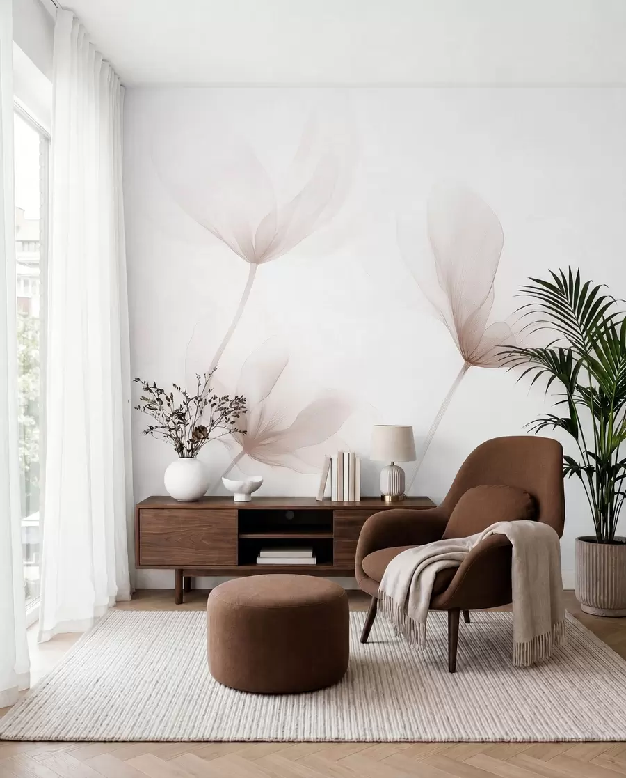 Papier peint Fleurs beiges aériennes dans un style minimaliste et lumineux w09734